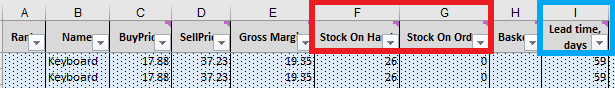 Stock en main (colonne F) et Stock en commande (colonne G)