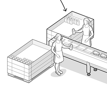 Scatole di pallet in entrata riempite con singoli articoli