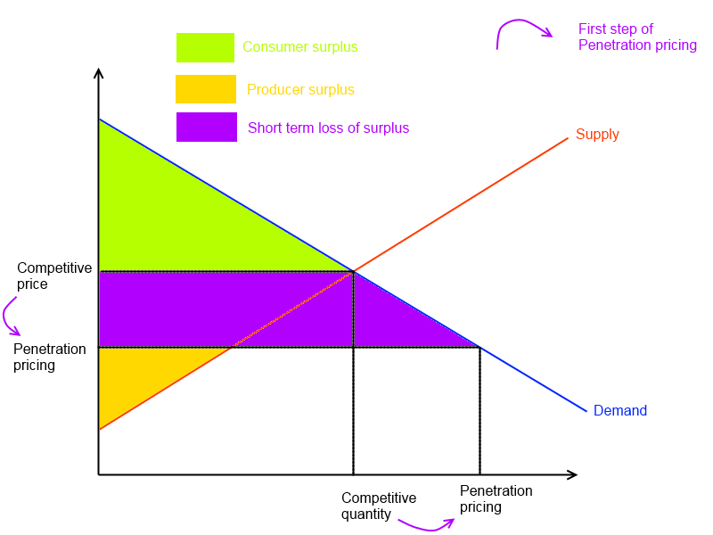 The initial decrease in price leads to a short-term loss of economic surplus but an increase in demand.