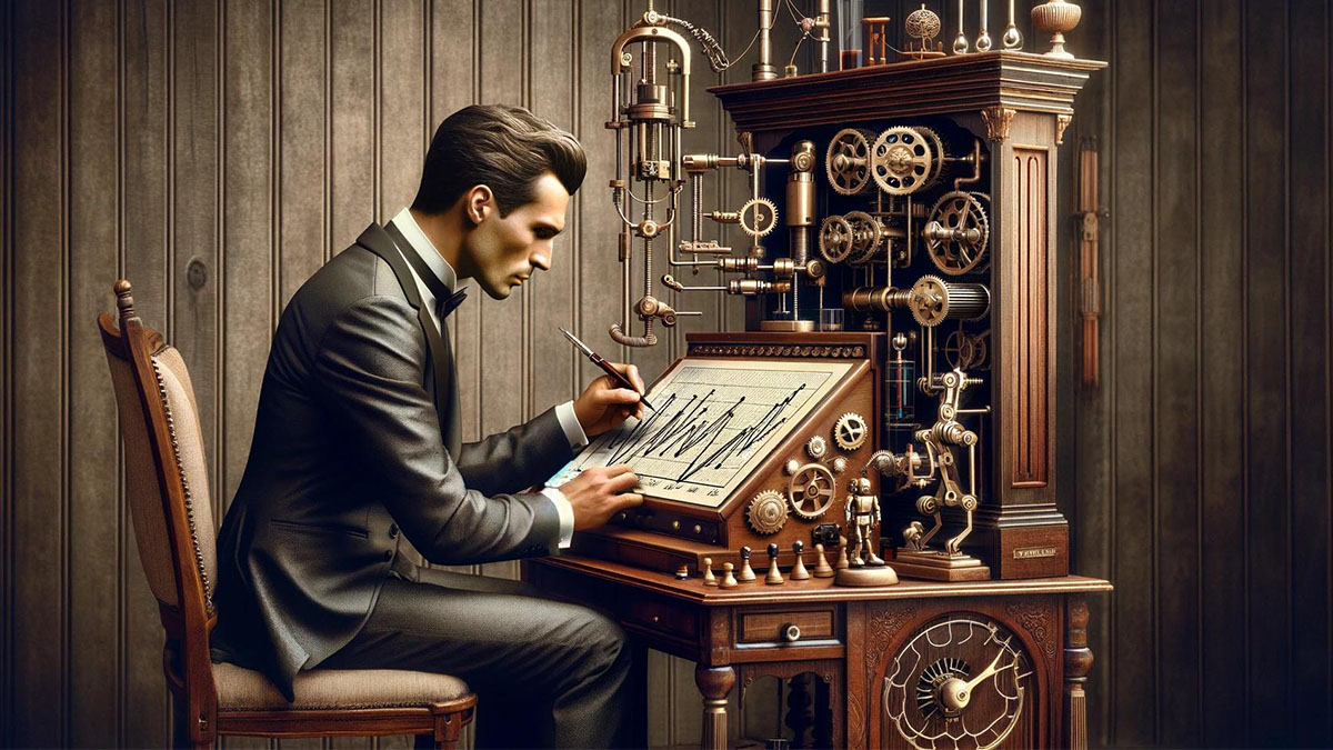 An automaton in a business suit, powered by 18th-century machinery, creates a time-series graph.