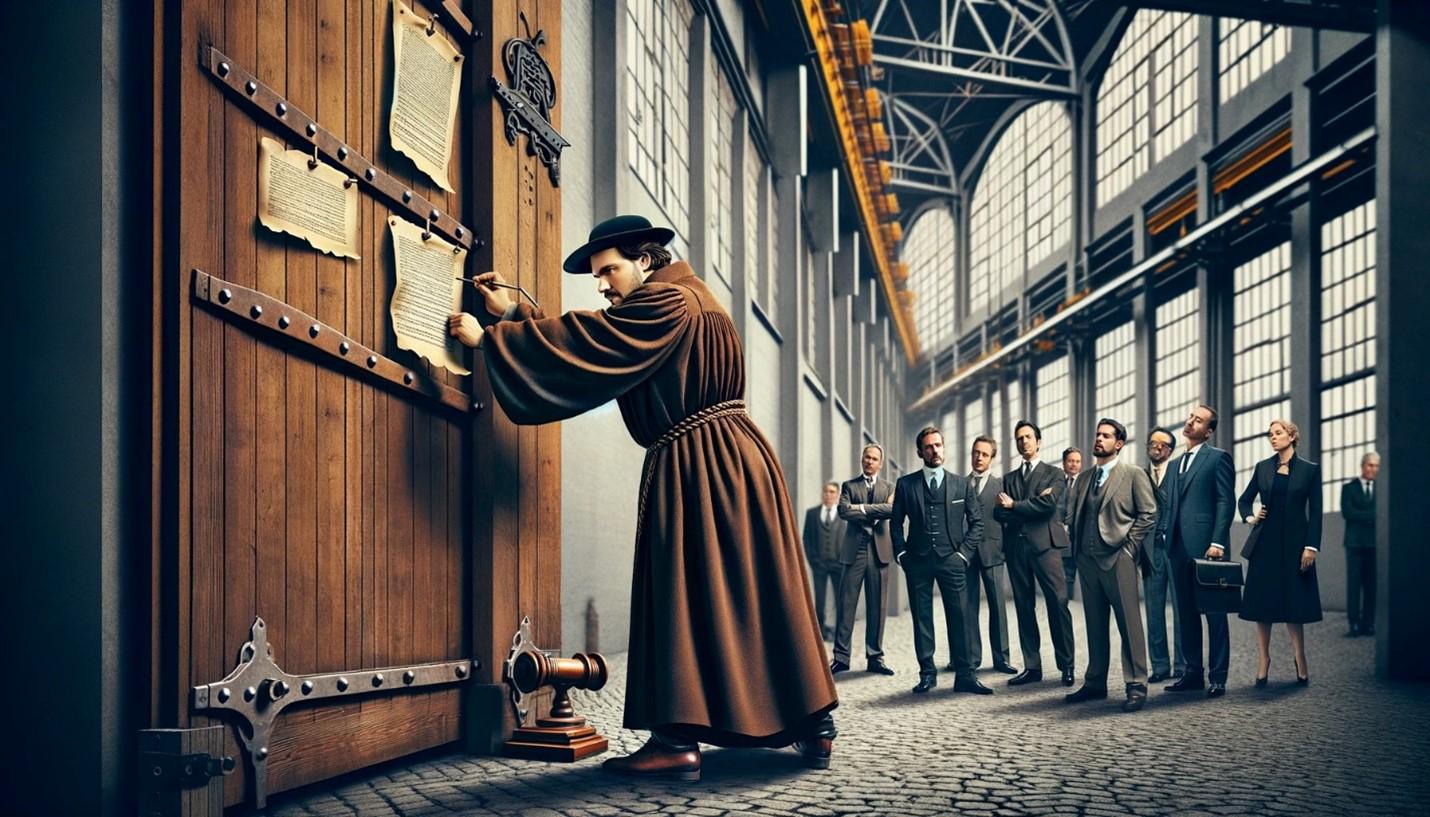 A man attaches a printed list to the doors of a factory while professionals observe in the background. The scene is reminiscent of Martin Luther.