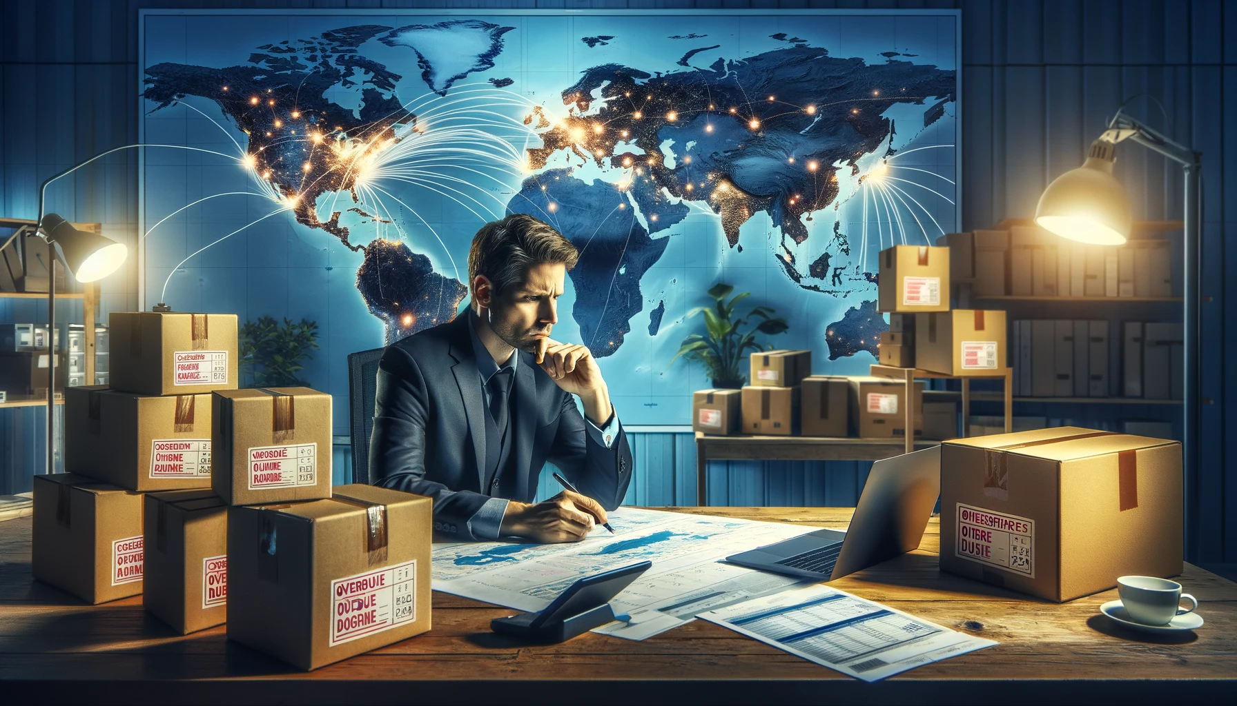 Мужчина, пытающийся оптимизировать маршруты распределения для огромного количества неотправленных запасов.