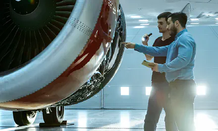 Mechaniker arbeiten an einem Flugzeugtriebwerk